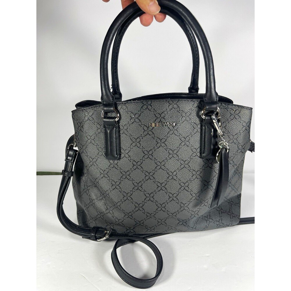 Nine West Women’s Satchel Handbag Crossbody Bag Black Monogram Logo Pattern